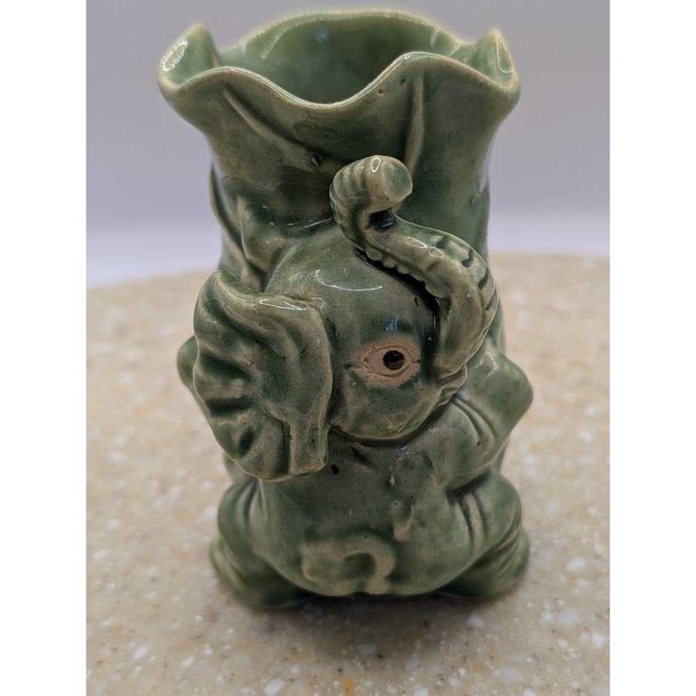 Vintage Trunk Up LUCKY ELEPHANT & Baby planter vase bamboo plant pot Craze